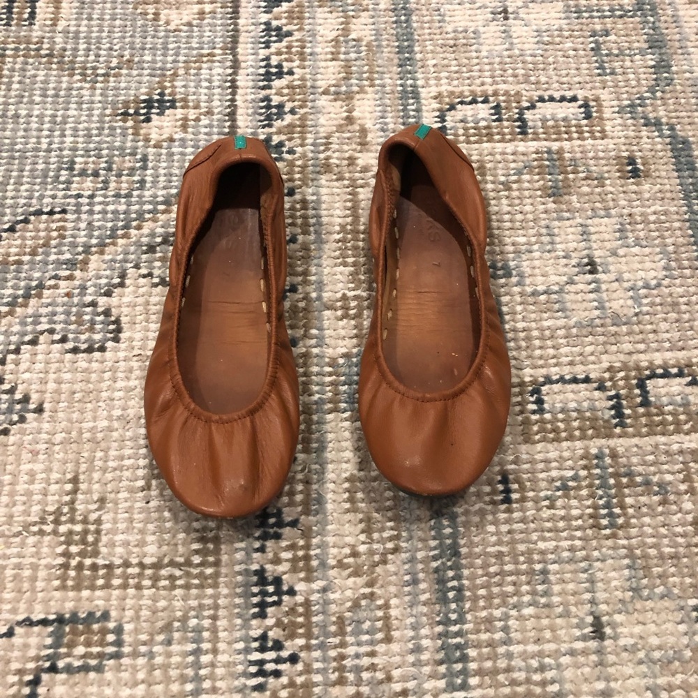 Tieks Brown Ballet Flats with Teal Heel Tab